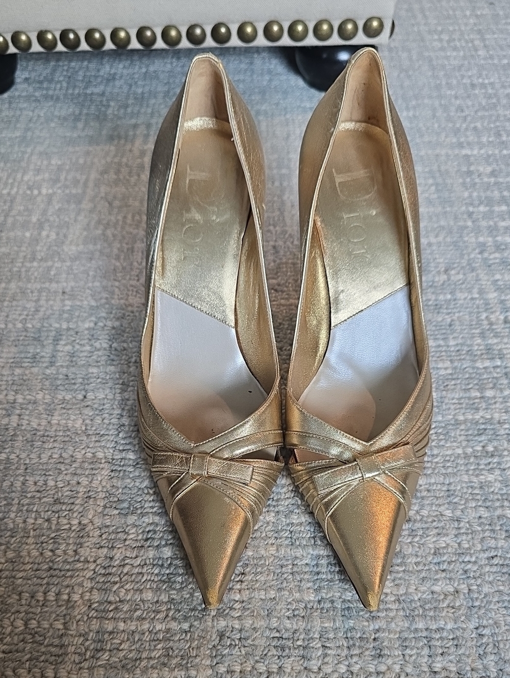 Dior Metallic Gold Pointed Toe Pumps with Bow Detail